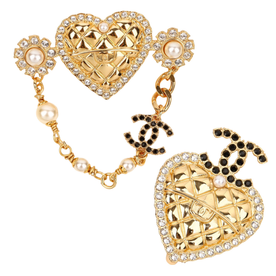 BCB366 Vintage gold 24A diamond pattern CC heart Brooch pin - ccjewelryacc