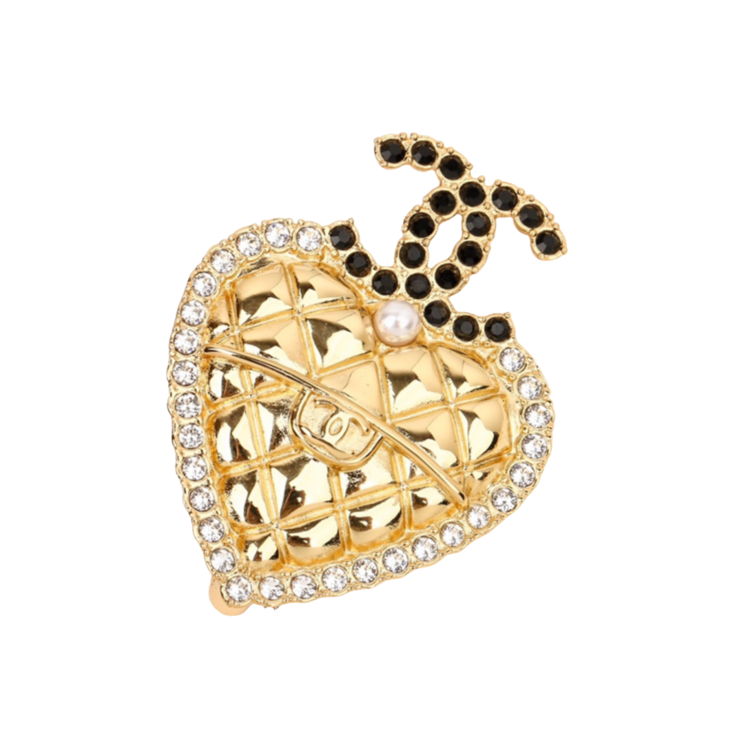BCB366 Vintage gold 24A diamond pattern CC heart Brooch pin - ccjewelryacc