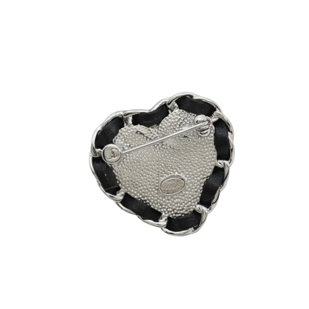 BCB368 Black leather crystal heart with CC logo brooch pin - ccjewelryacc