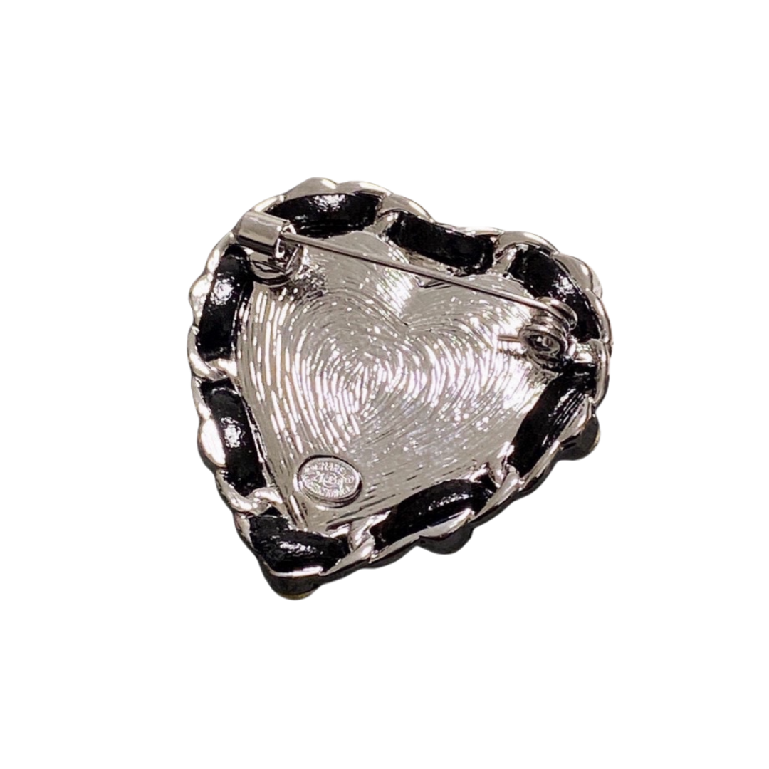 BCB368 Black leather crystal heart with CC logo brooch pin - ccjewelryacc