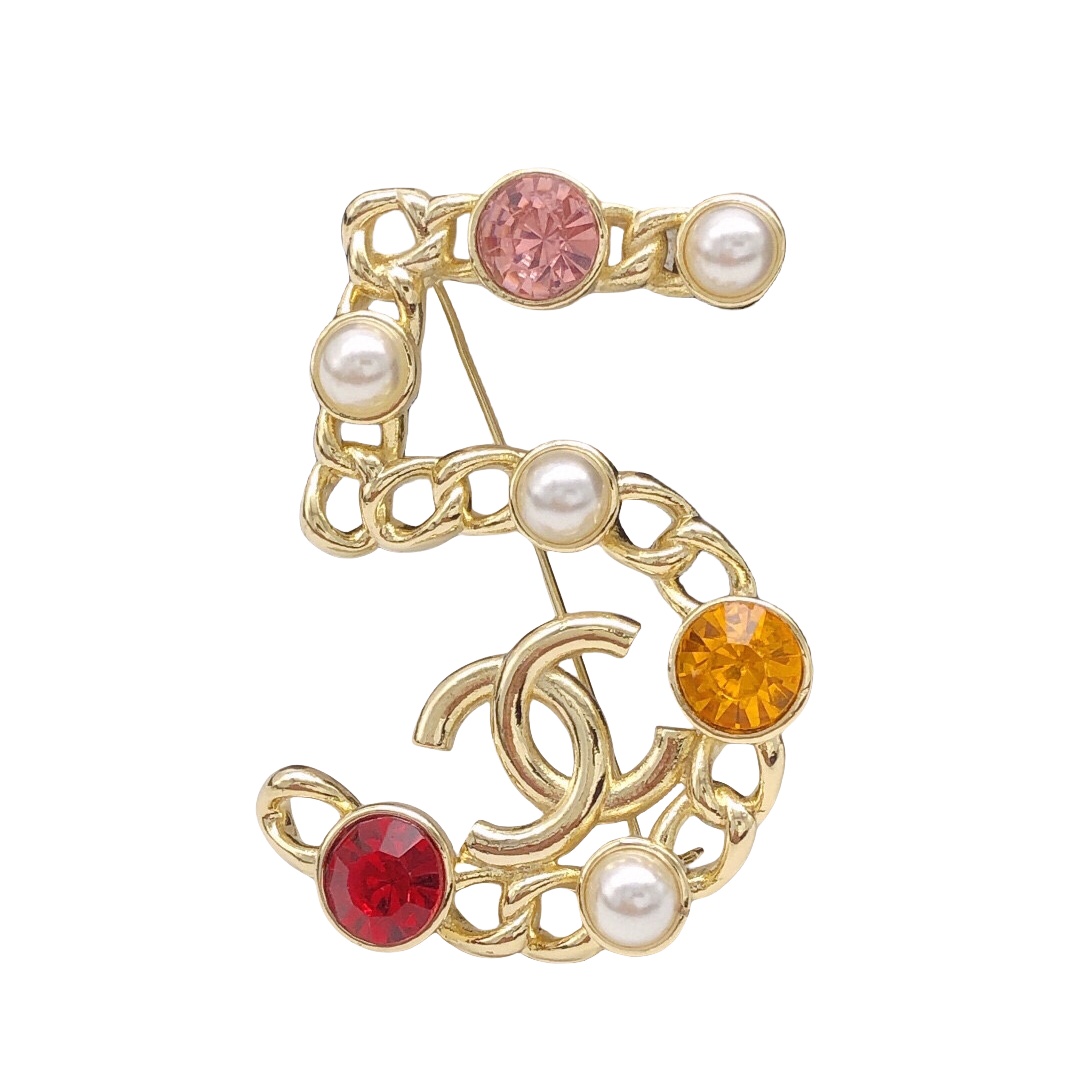 BCB405 Multicolor rhinestone and pearl No 5 brooch pin - ccjewelryacc
