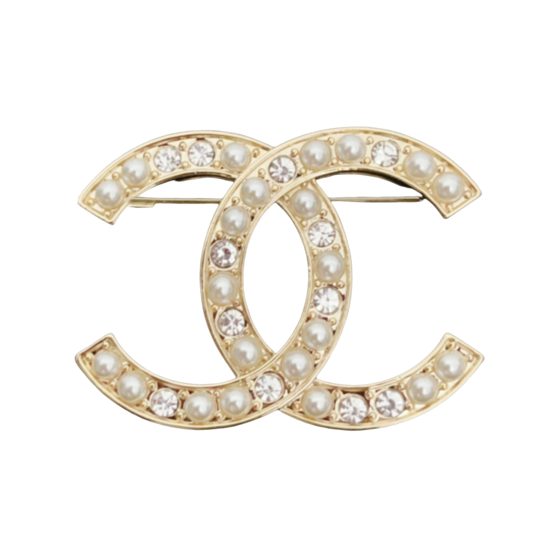BCB108 Pearl and rhinestone CC logo brooch pin - ccjewelryacc