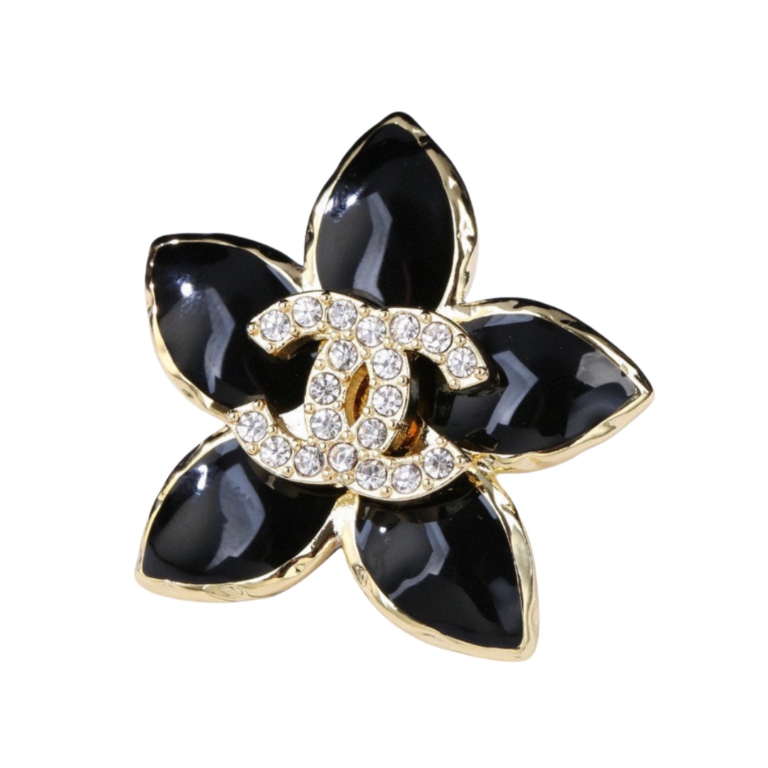 BCB448 Full crystal CC logo black flower brooch pin - ccfashionjewelry