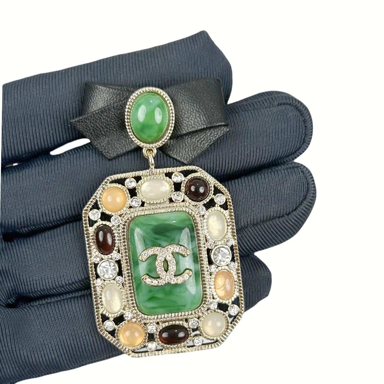 BCB415 Leater bowknot multicolor colored glaz green gemstone cc logo brooch pin - ccjewelryacc