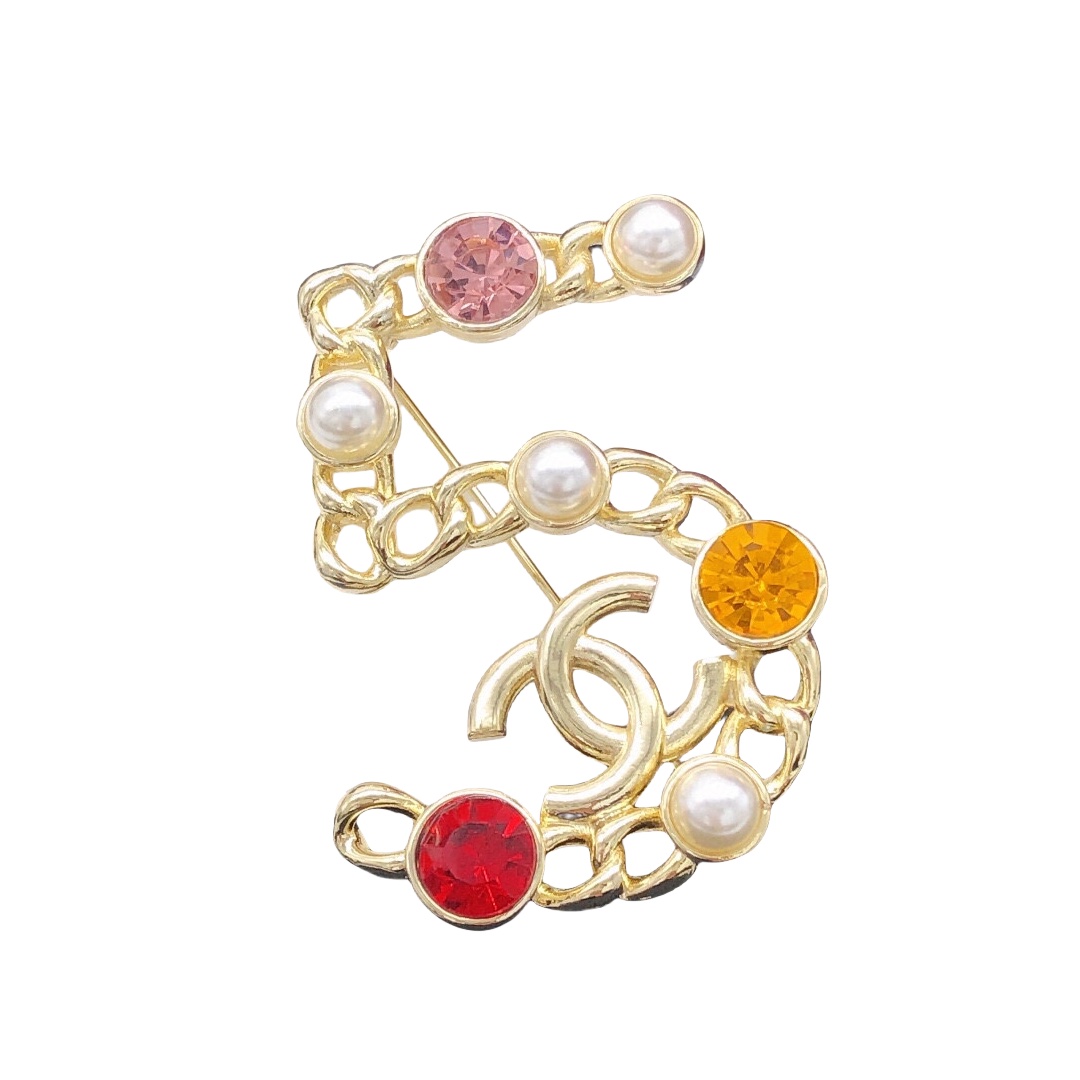 BCB405 Multicolor rhinestone and pearl No 5 brooch pin - ccjewelryacc