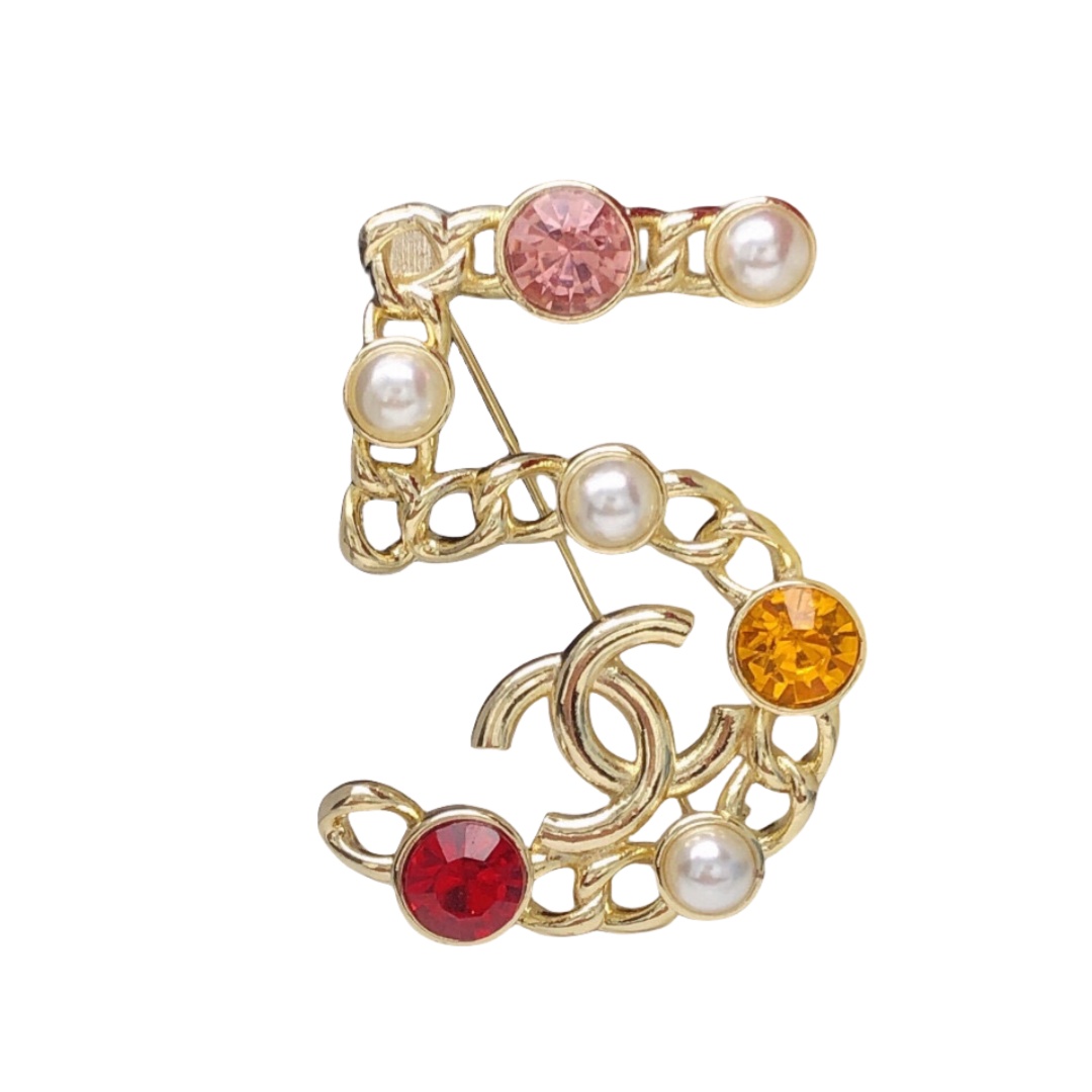 BCB405 Multicolor rhinestone and pearl No 5 brooch pin - ccfashionjewelry
