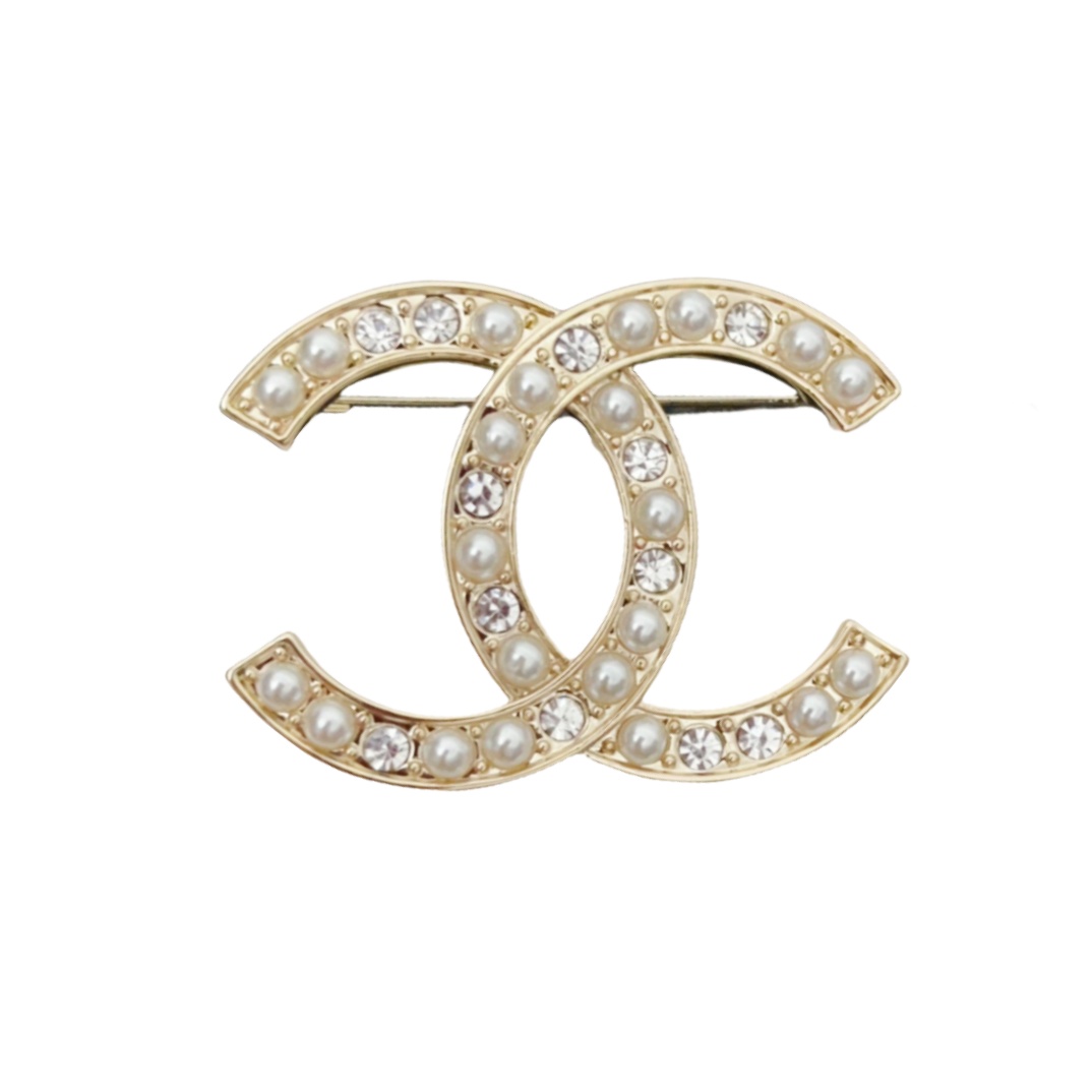 BCB108 Pearl and rhinestone CC logo brooch pin - ccjewelryacc