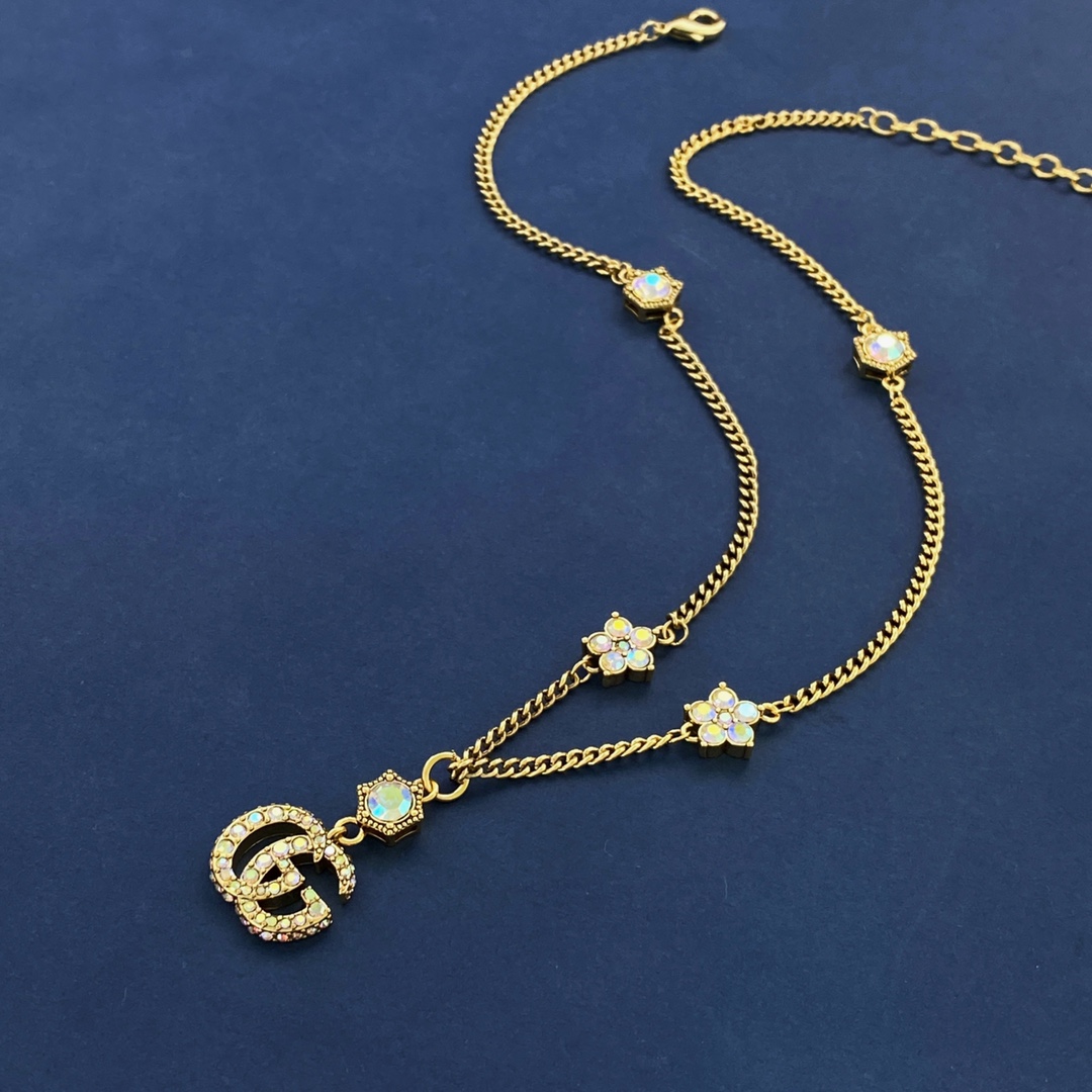 GGN040 Vintage Colorful rhinestone GG logo and flower pendant Necklace and drop earring - ccjewelryacc