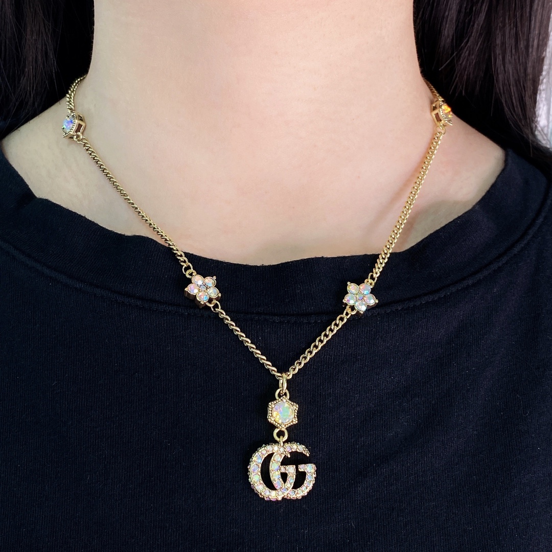 GGN040 Vintage Colorful rhinestone GG logo and flower pendant Necklace and drop earring - ccjewelryacc