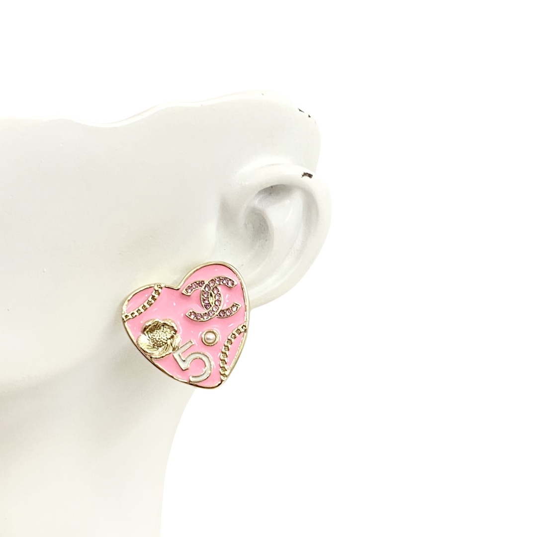 CCE632  Pink /Black enamel Heart /Square shaped multielement Chain No 5 camellia clover and crystal CC Logo Earring - ccjewelryacc