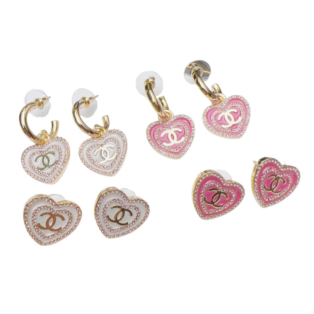 CCE633C 24p Pink Crystal Heart shaped with cc logo Stud Earring For Women - ccjewelryacc