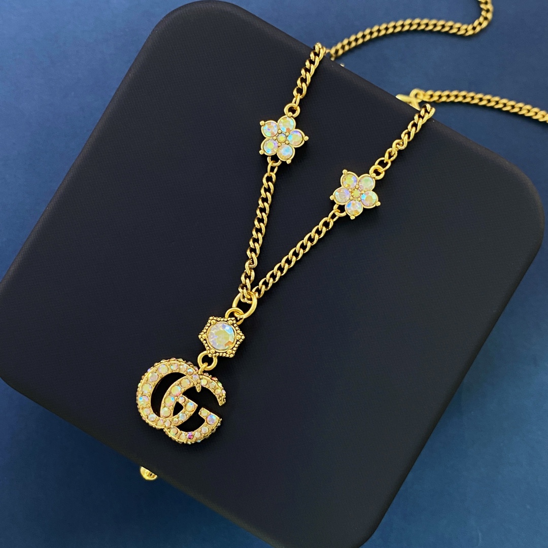 GGN040 Vintage Colorful rhinestone GG logo and flower pendant Necklace and drop earring - ccjewelryacc