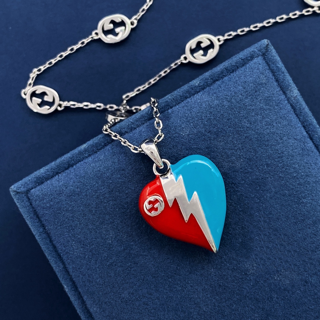 GGN013 GG Silver enamel red/blue heart pendant necklace - ccjewelryacc