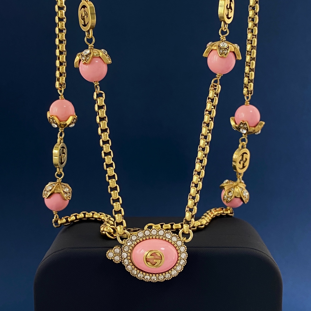 GGN010 GG Pink pearl crystal long sweater chain necklace - ccjewelryacc