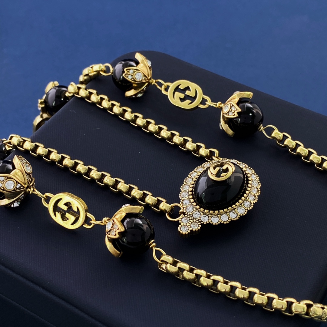 GGN010 GG Pink pearl crystal long sweater chain necklace - ccjewelryacc