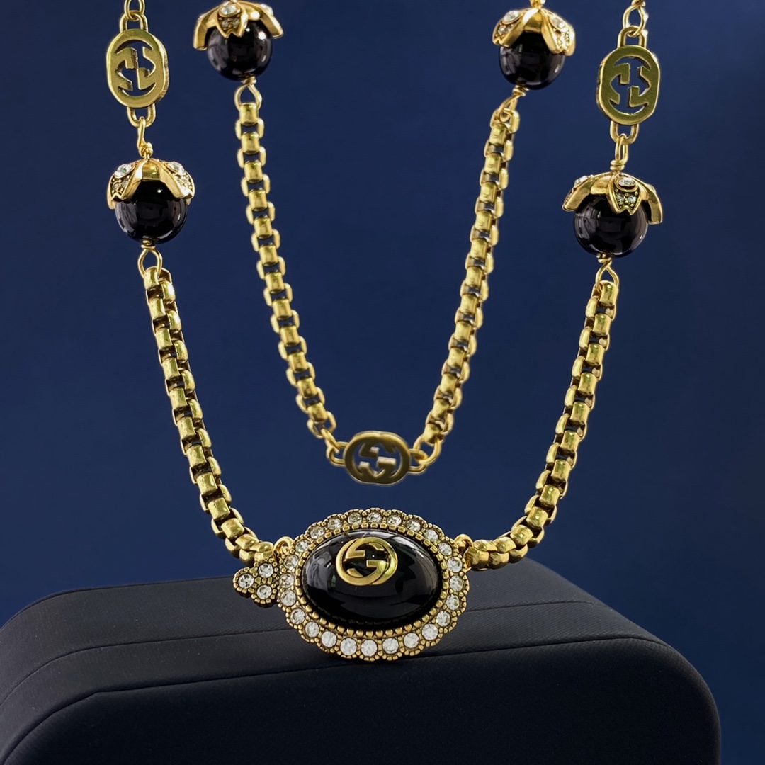 GGN010 GG Pink pearl crystal long sweater chain necklace - ccjewelryacc