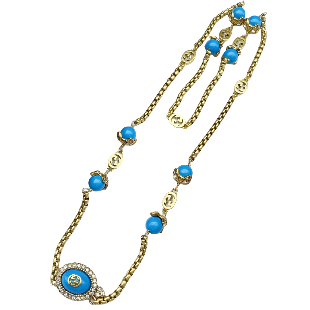 GGN010 GG Pink pearl crystal long sweater chain necklace - ccjewelryacc