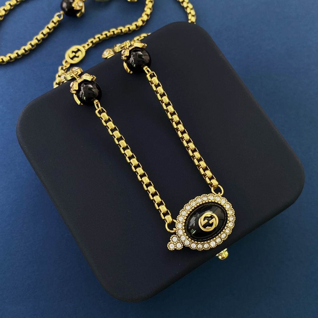 GGN010 GG Pink pearl crystal long sweater chain necklace - ccjewelryacc