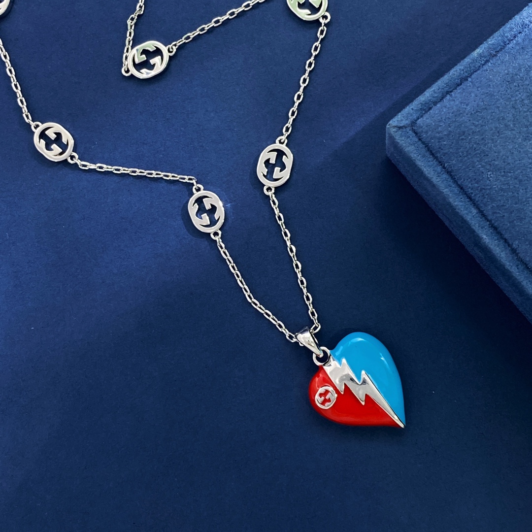 GGN013 GG Silver enamel red/blue heart pendant necklace - ccjewelryacc