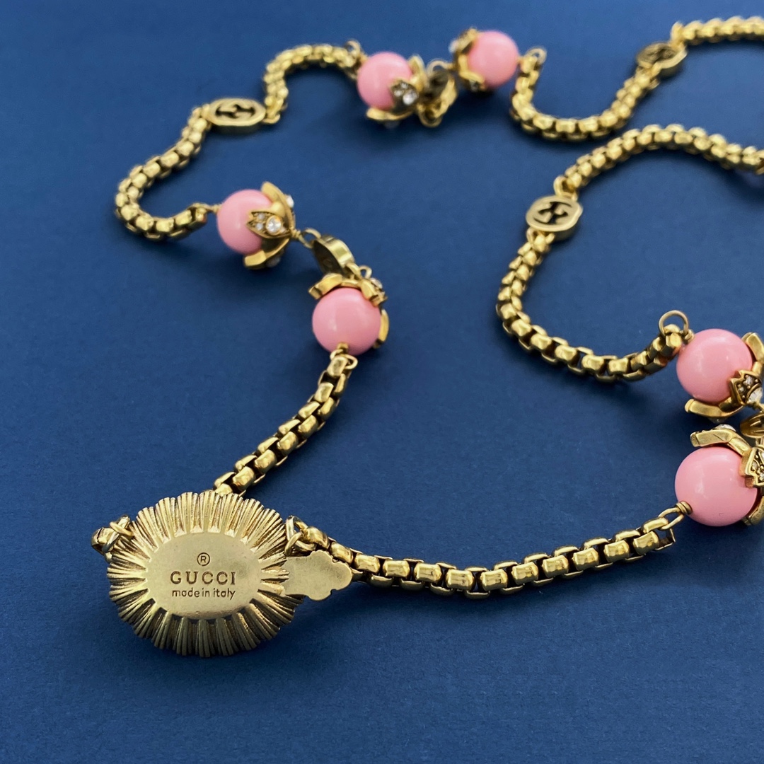 GGN010 GG Pink pearl crystal long sweater chain necklace - ccjewelryacc