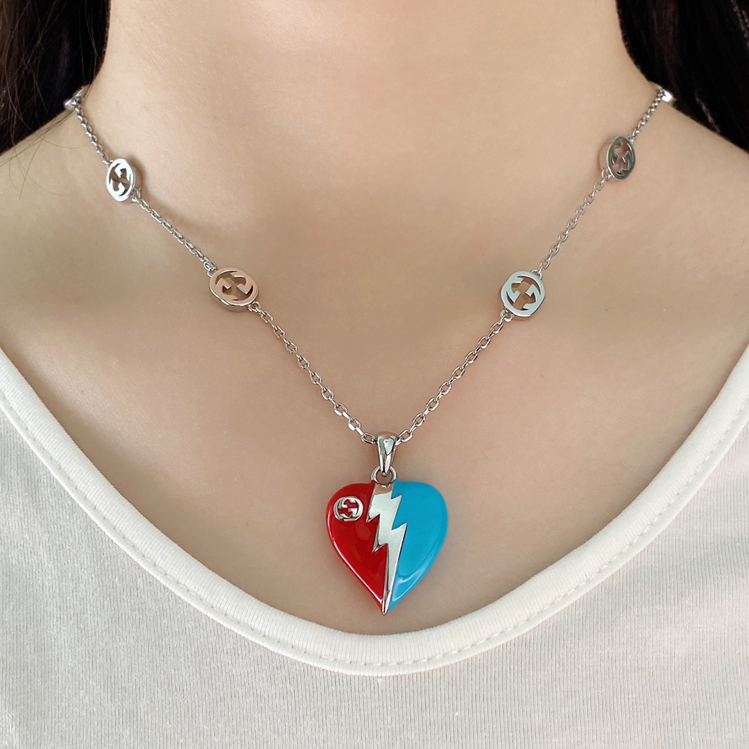 GGN013 GG Silver enamel red/blue heart pendant necklace - ccjewelryacc