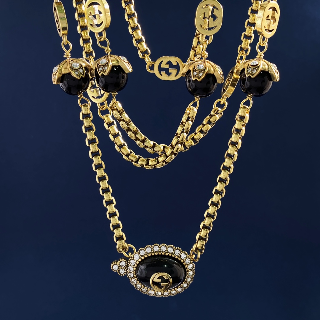 GGN010 GG Pink pearl crystal long sweater chain necklace - ccjewelryacc