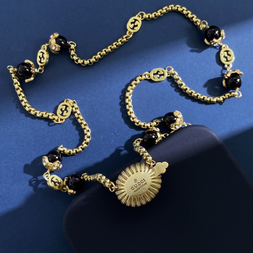 GGN010 GG Pink pearl crystal long sweater chain necklace - ccjewelryacc