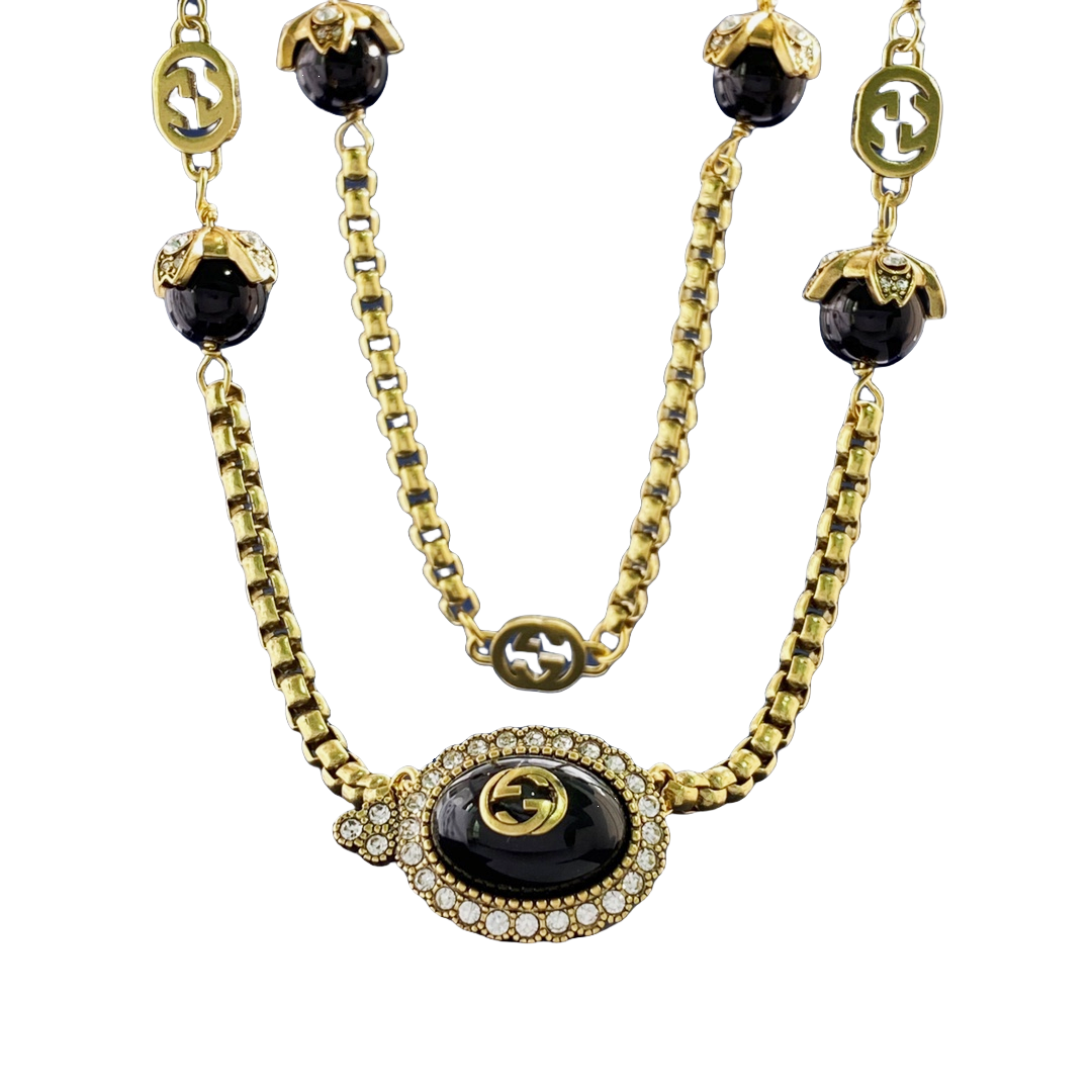 GGN010 GG Pink pearl crystal long sweater chain necklace - ccjewelryacc