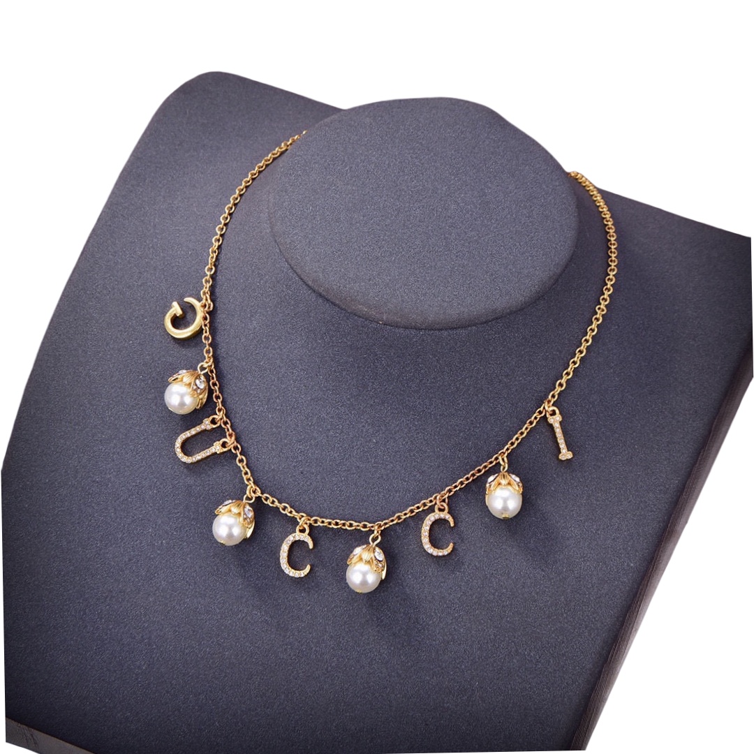 GGN044 GG Logo Pearl Embellished Necklace - ccjewelryacc