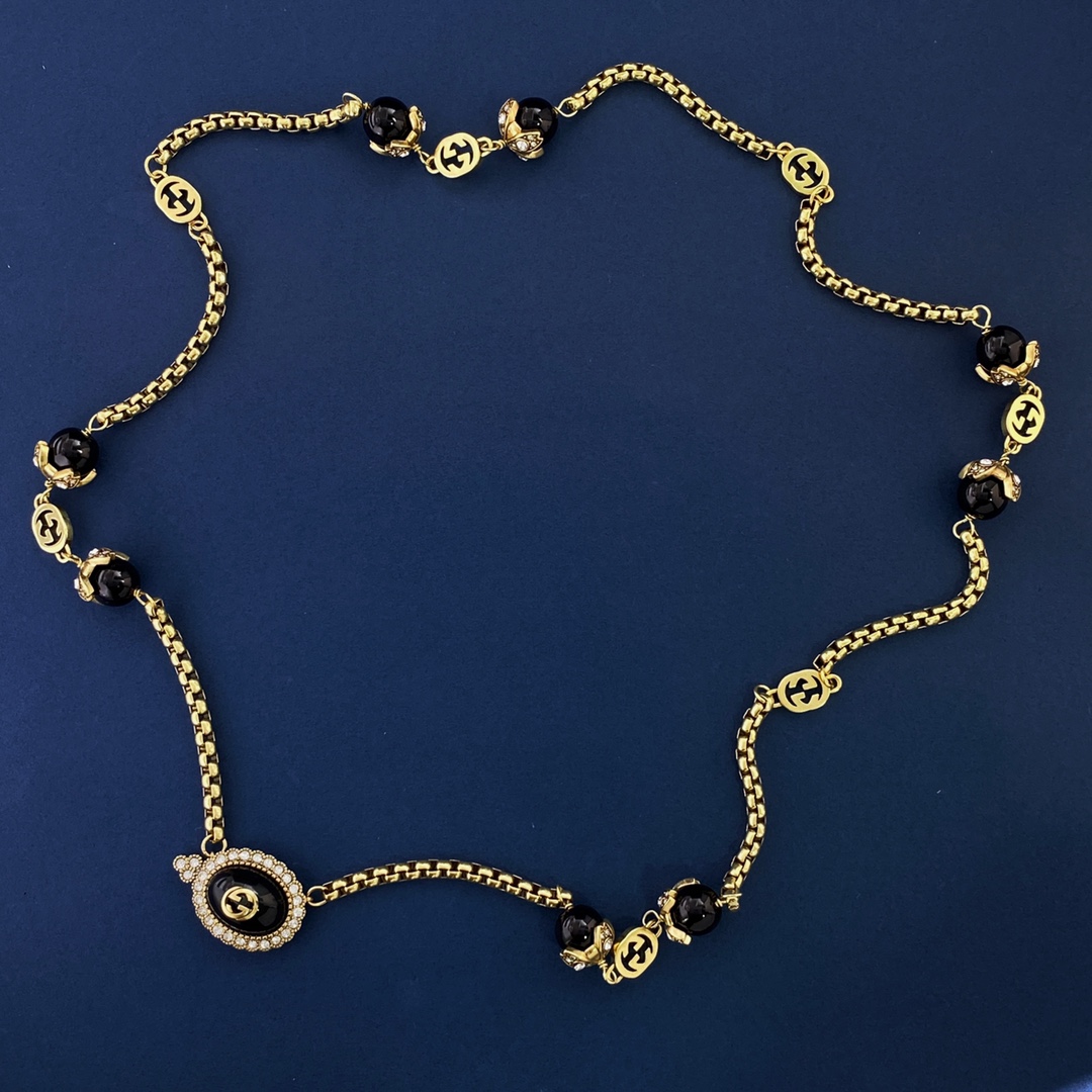 GGN010 GG Pink pearl crystal long sweater chain necklace - ccjewelryacc