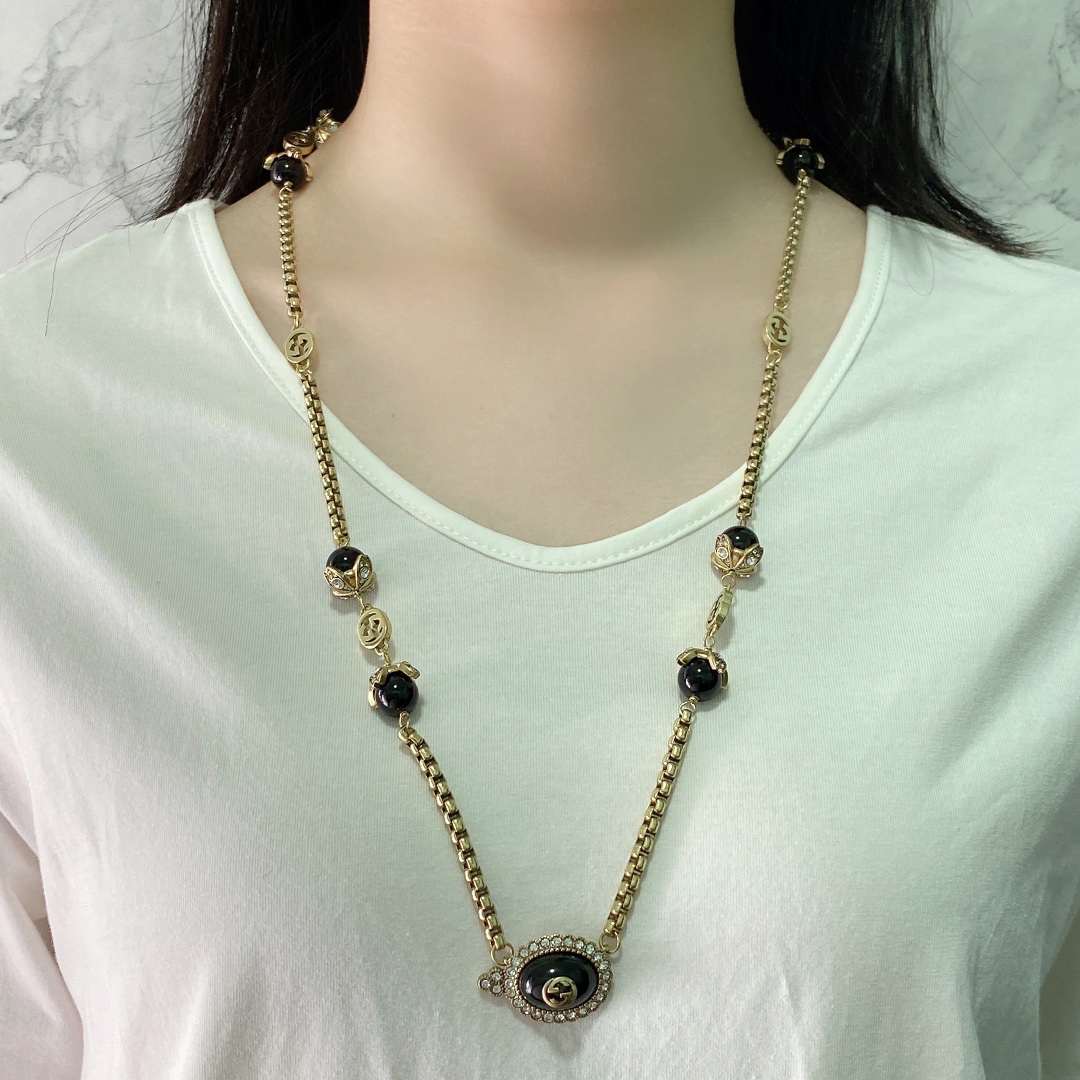 GGN010 GG Pink pearl crystal long sweater chain necklace - ccjewelryacc