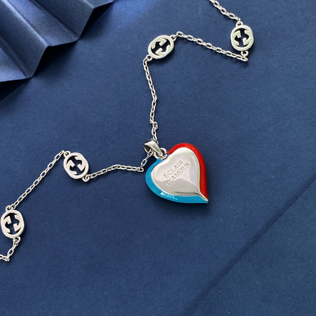 GGN013 GG Silver enamel red/blue heart pendant necklace - ccjewelryacc