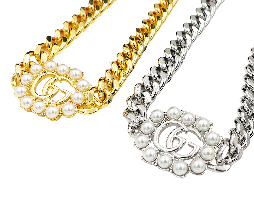 GGN051 Pearl GG logo pendant necklace bracelet earring set - ccjewelryacc