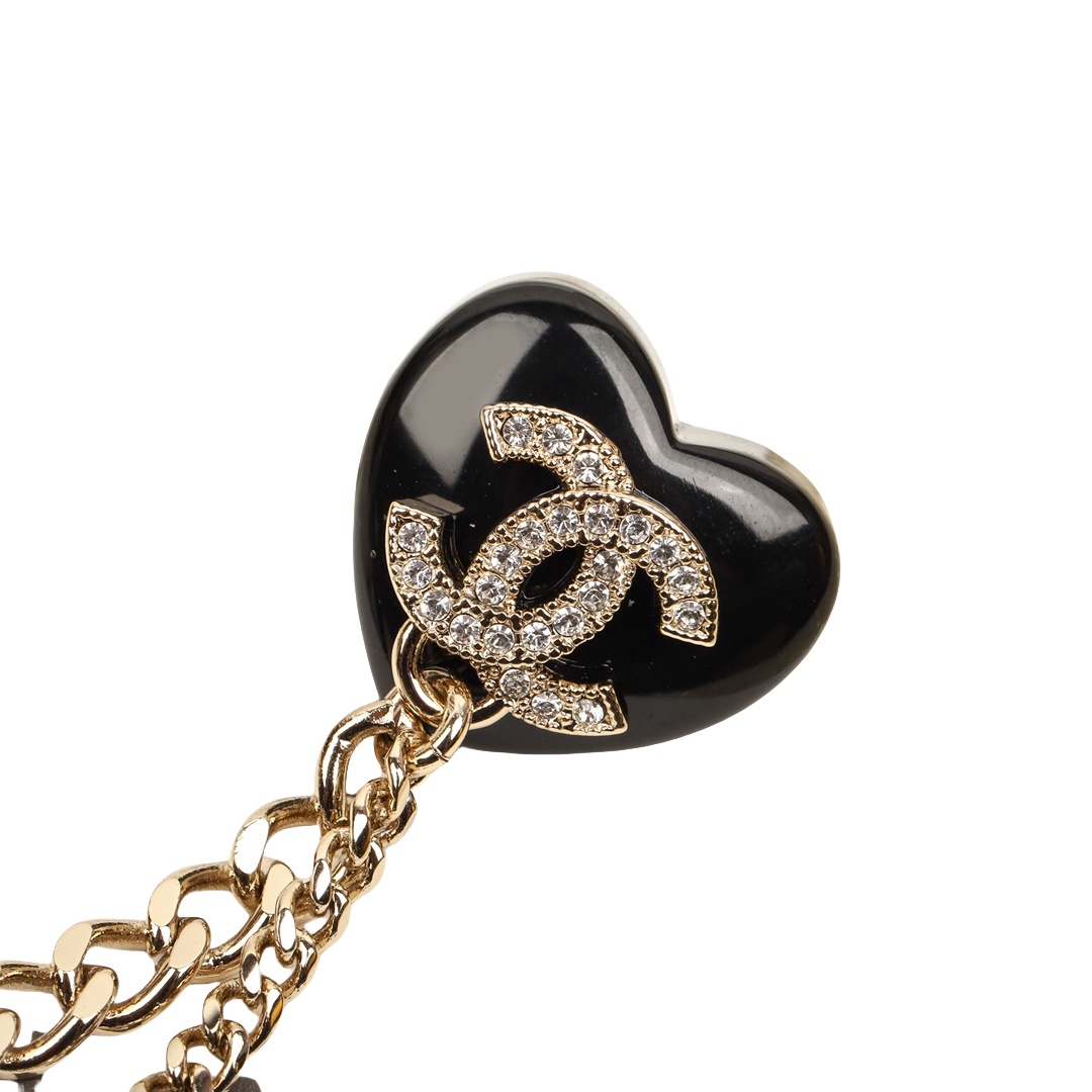 BCB316 Double black heart with chain with crystal CC loog brooch pin - ccjewelryacc