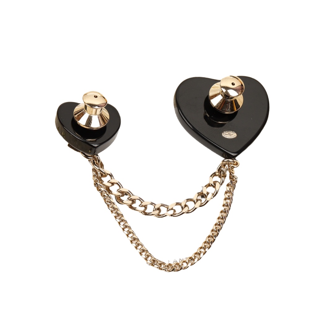 BCB316 Double black heart with chain with crystal CC loog brooch pin - ccfashionjewelry
