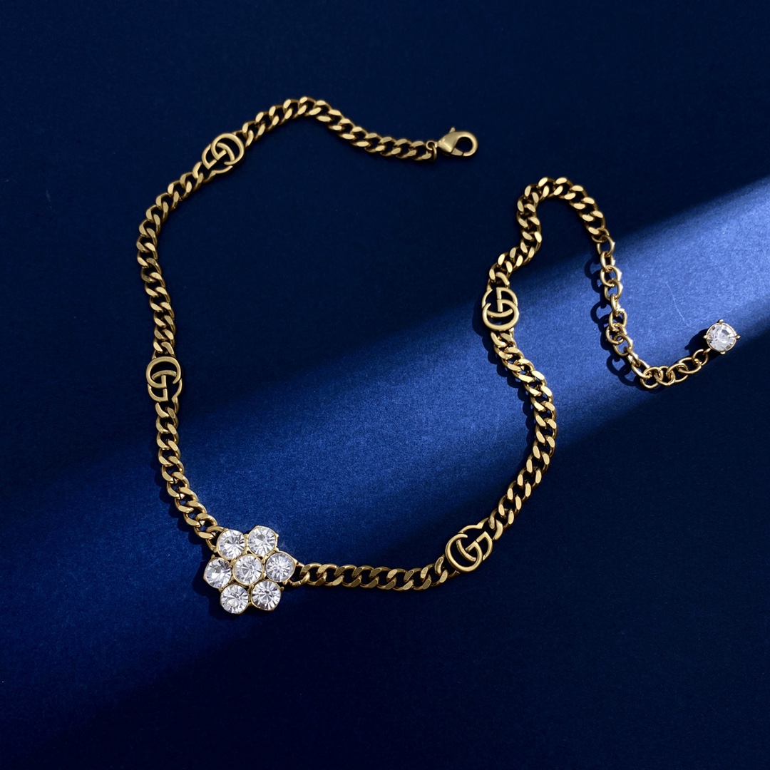 GGN009 Rhinestone GG Logo flower choker necklace bracelet - ccjewelryacc