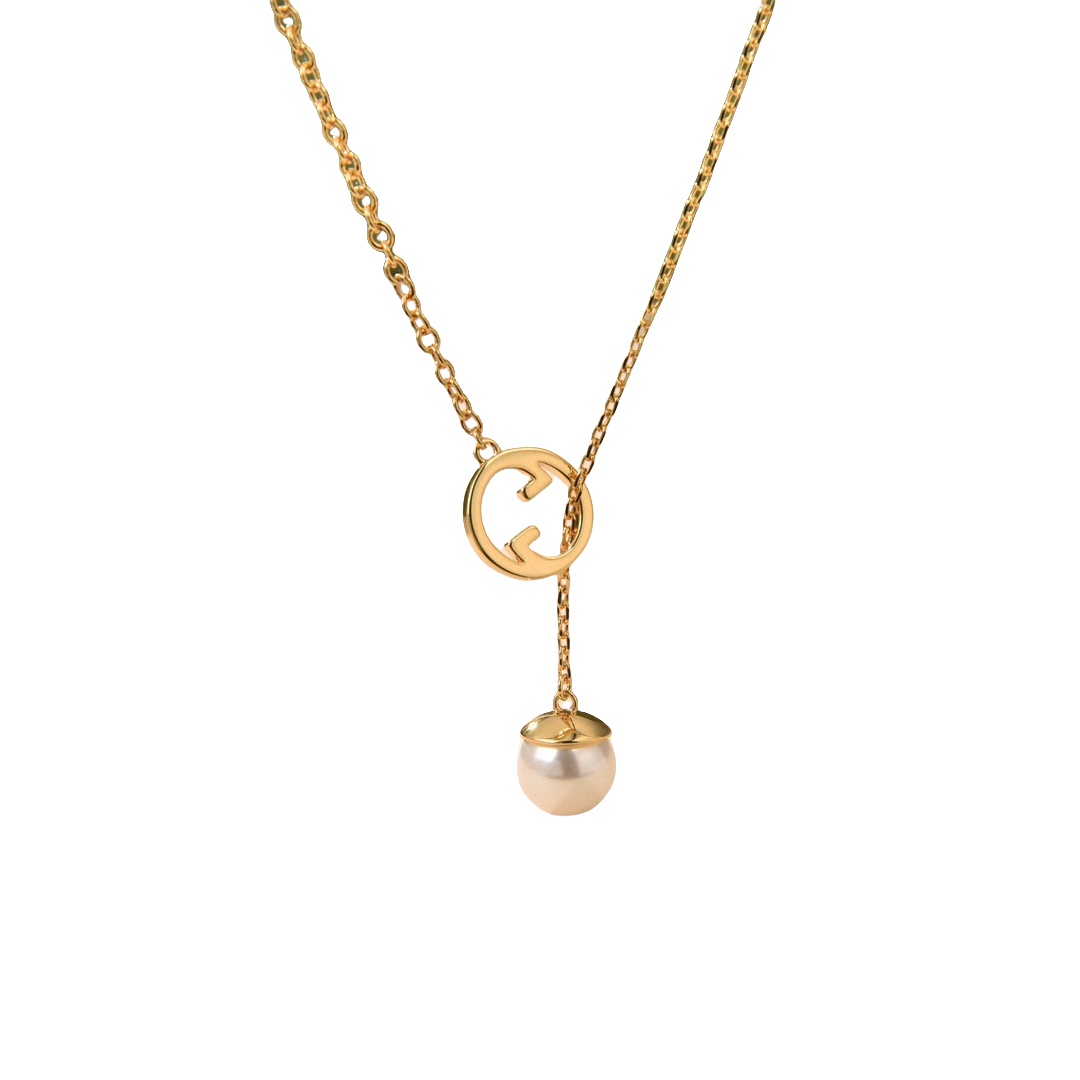 GGN030 Interlocking g with pearl pendant necklace - ccjewelryacc