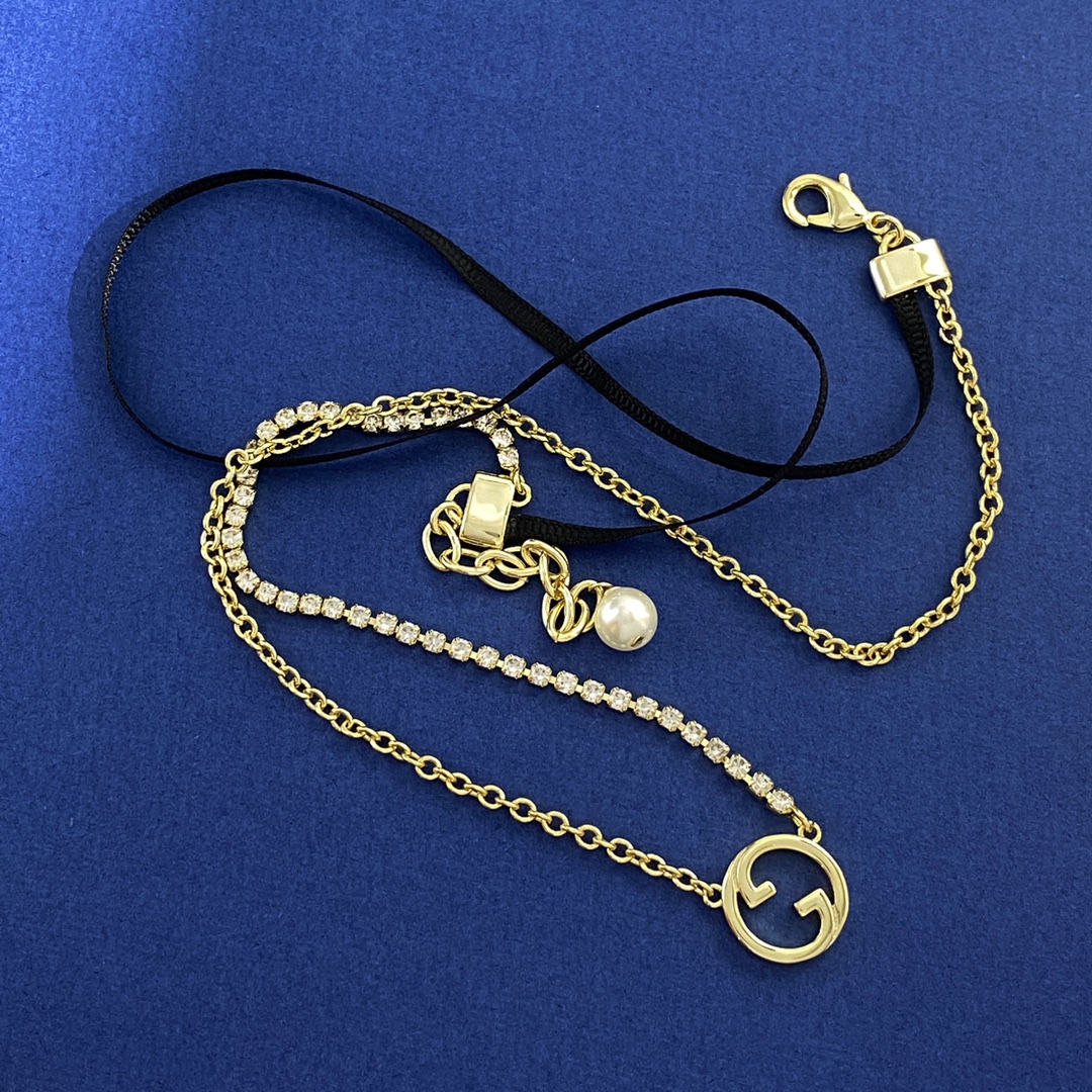 GGN050 Interlocking g crystal chain and Black silk rope double-deck necklace - ccjewelryacc