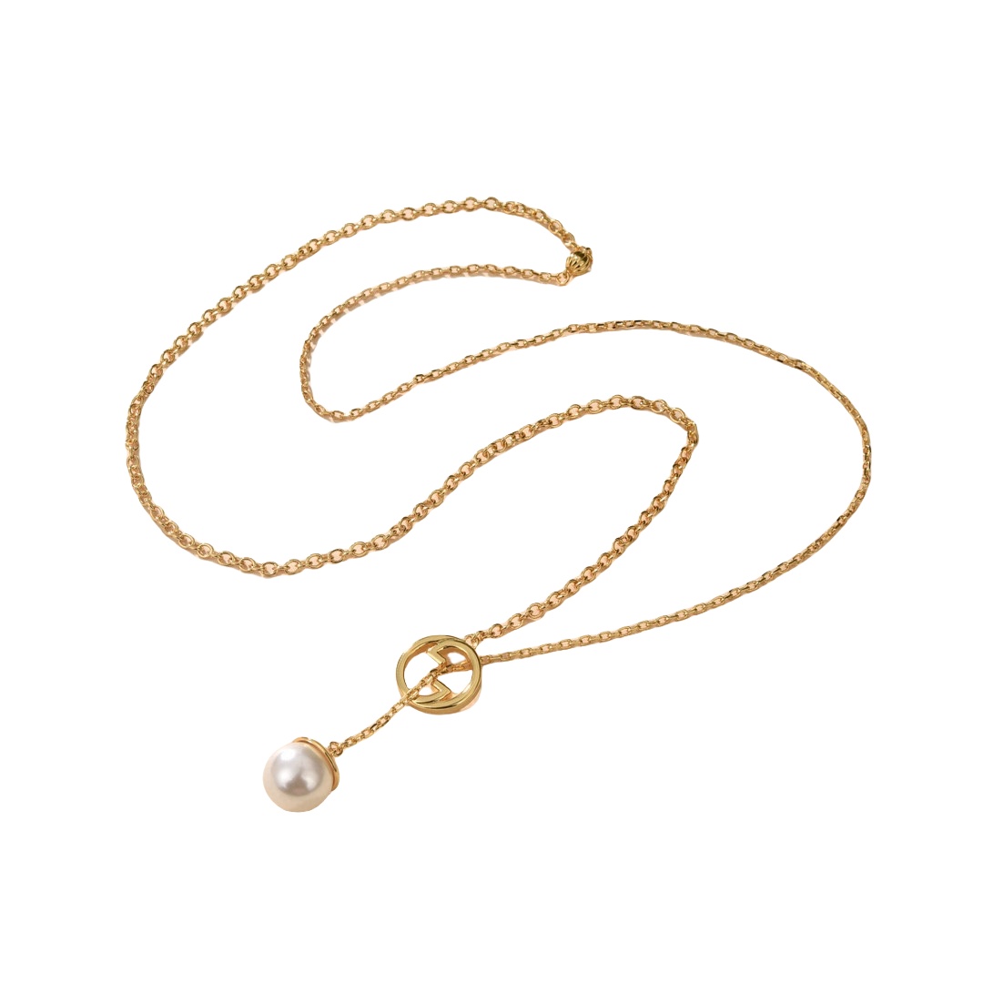 GGN030 Interlocking g with pearl pendant necklace - ccjewelryacc