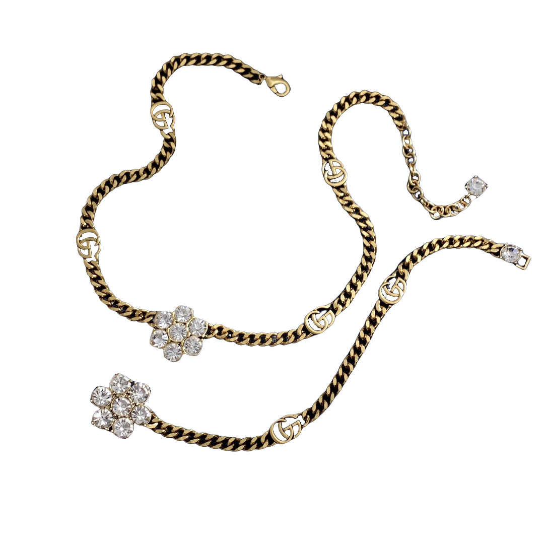 GGN009 Rhinestone GG Logo flower choker necklace bracelet - ccjewelryacc