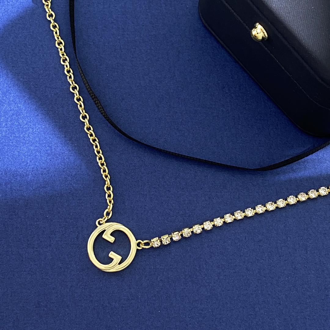 GGN050 Interlocking g crystal chain and Black silk rope double-deck necklace - ccjewelryacc