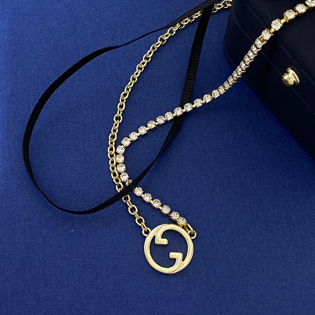 GGN050 Interlocking g crystal chain and Black silk rope double-deck necklace - ccjewelryacc