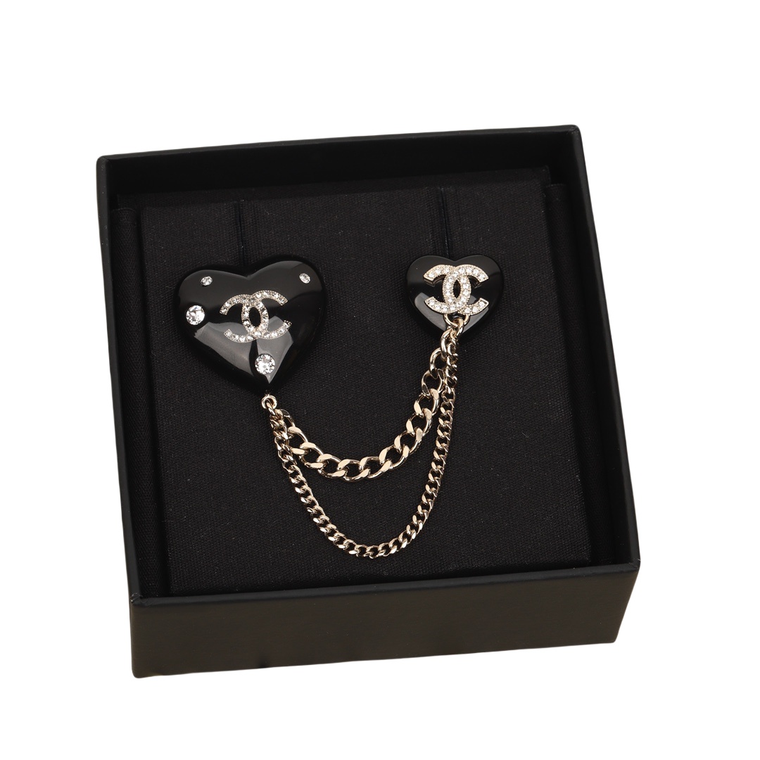 BCB316 Double black heart with chain with crystal CC loog brooch pin - ccjewelryacc