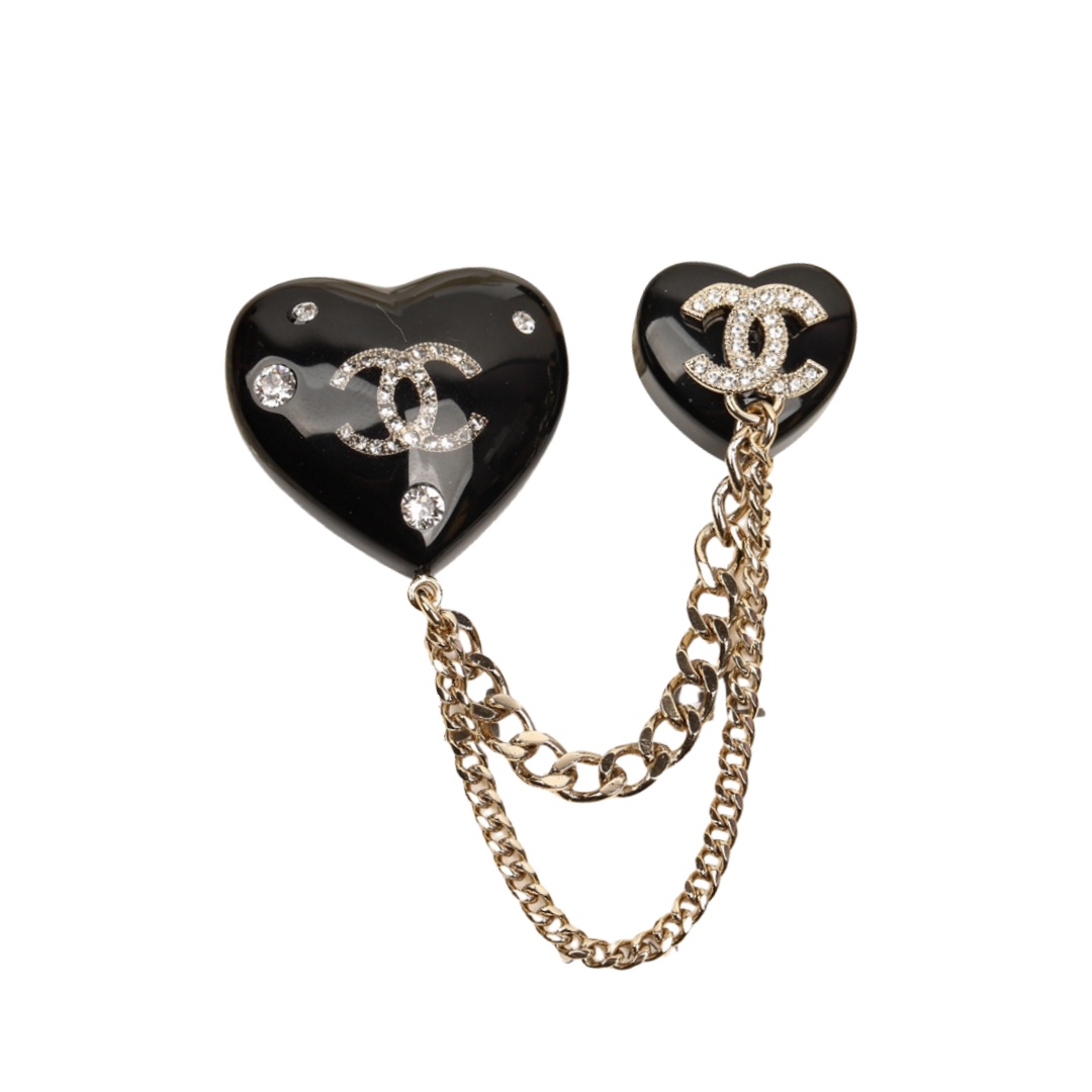 BCB316 Double black heart with chain with crystal CC loog brooch pin - ccfashionjewelry