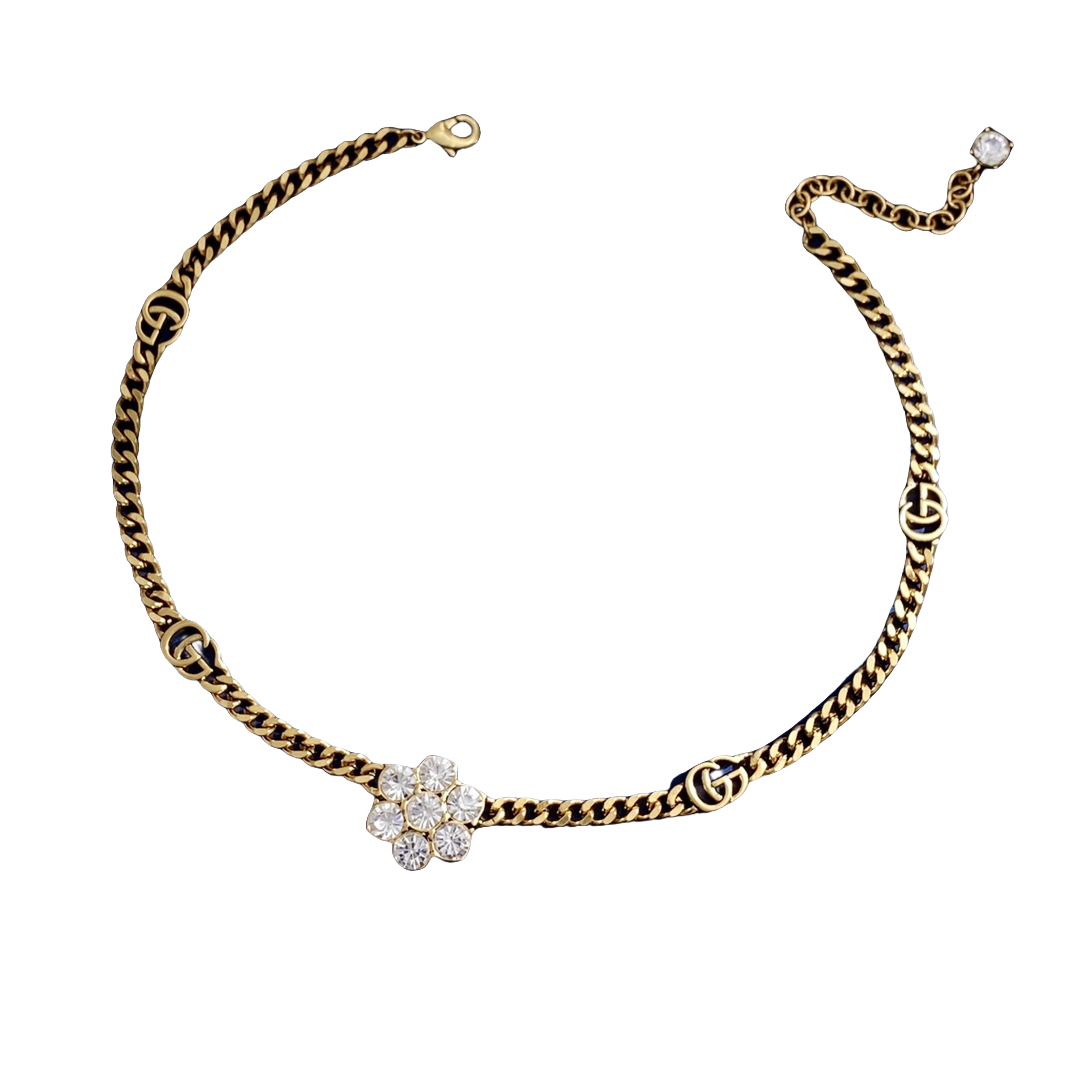 GGN009 Rhinestone GG Logo flower choker necklace bracelet - ccjewelryacc