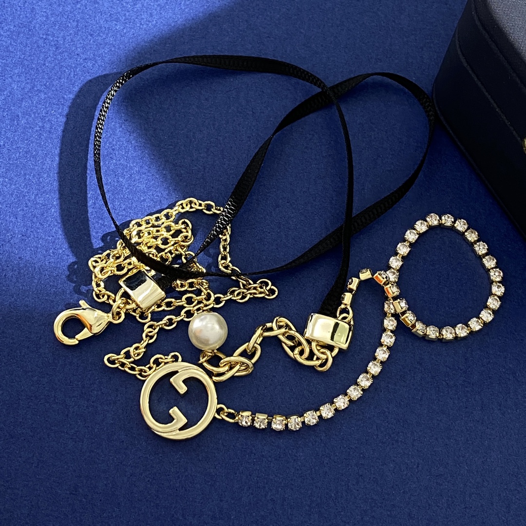 GGN050 Interlocking g crystal chain and Black silk rope double-deck necklace - ccjewelryacc