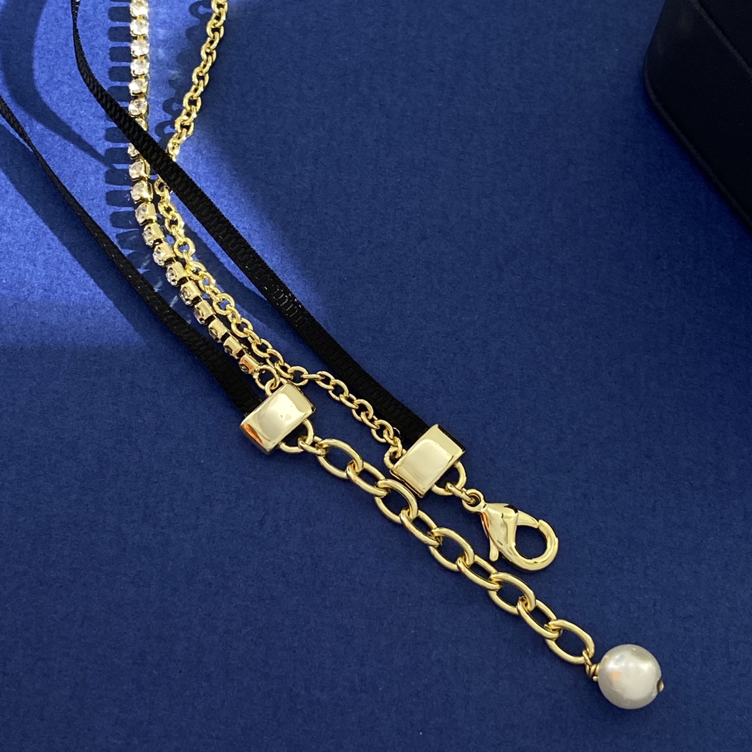 GGN050 Interlocking g crystal chain and Black silk rope double-deck necklace - ccjewelryacc