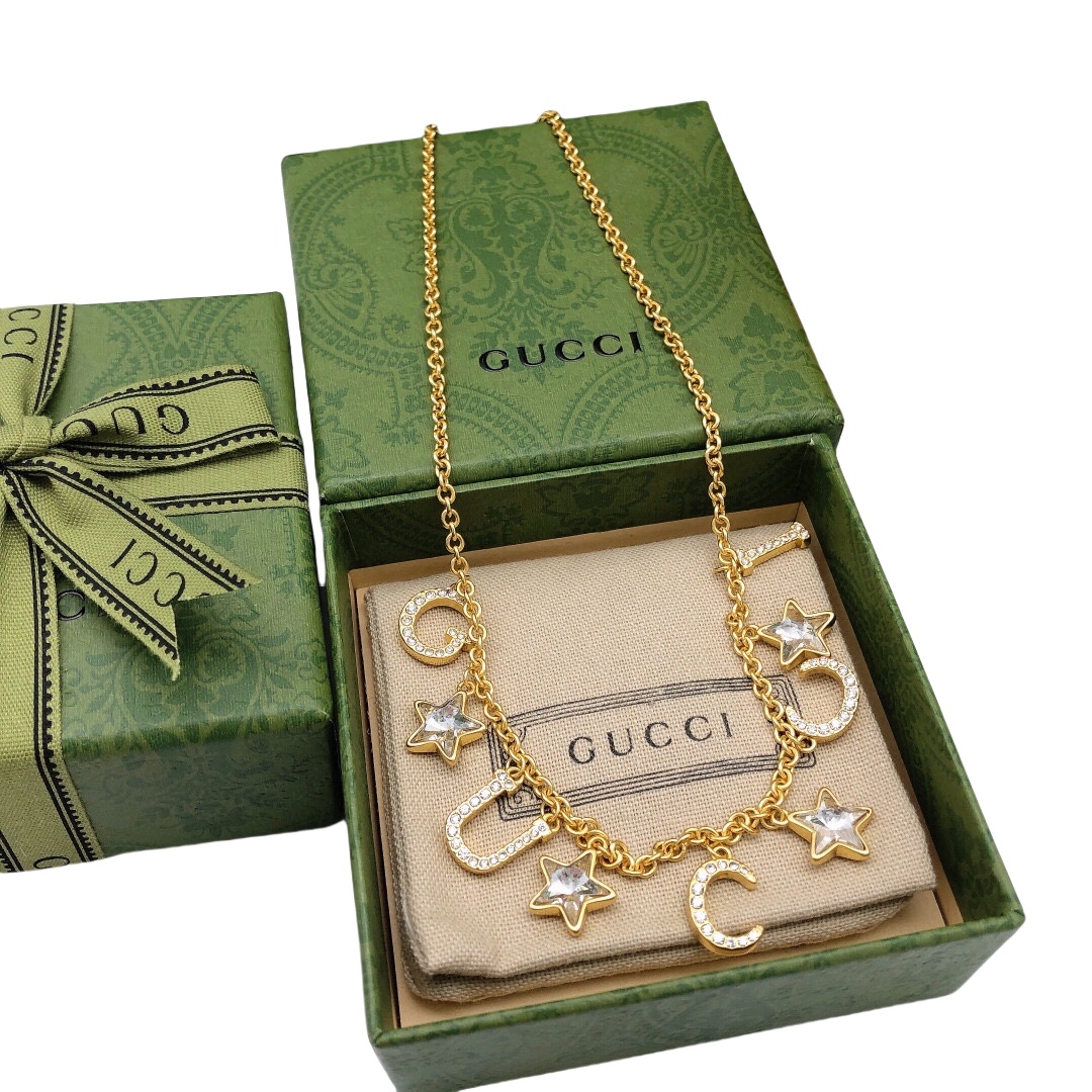 GGN018 Crystal Stars charms and G U C C I letter charms choker necklace - ccjewelryacc