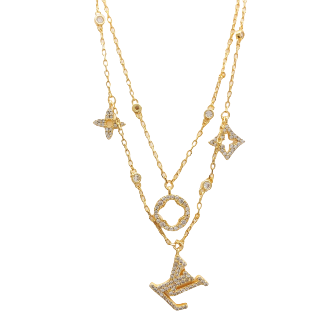 LVN016 VL Floragram crystal Monogram necklace - ccjewelryacc