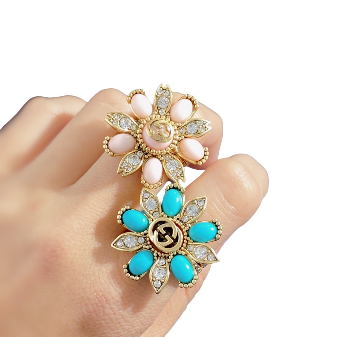 GGR007 Interlocking G and gemstone stacked flower ring - ccjewelryacc